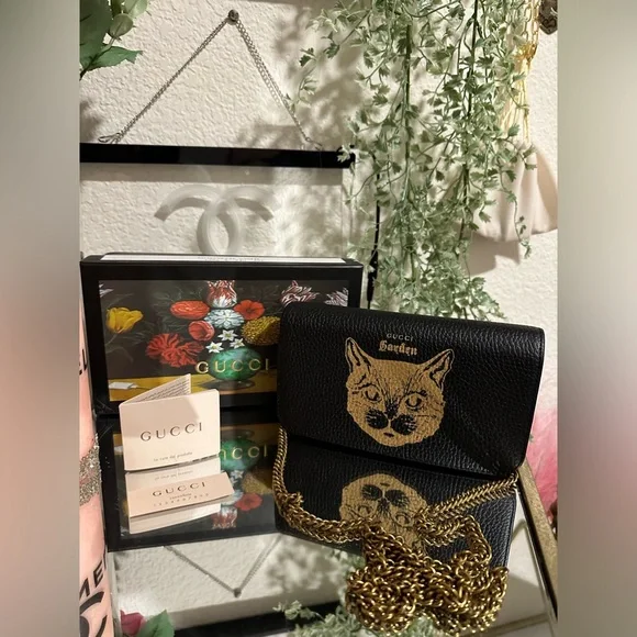 GUCCI Dollar Calfskin Garden Mystic Cat Chain Wallet in Black authentic new box - Picture 5 of 12